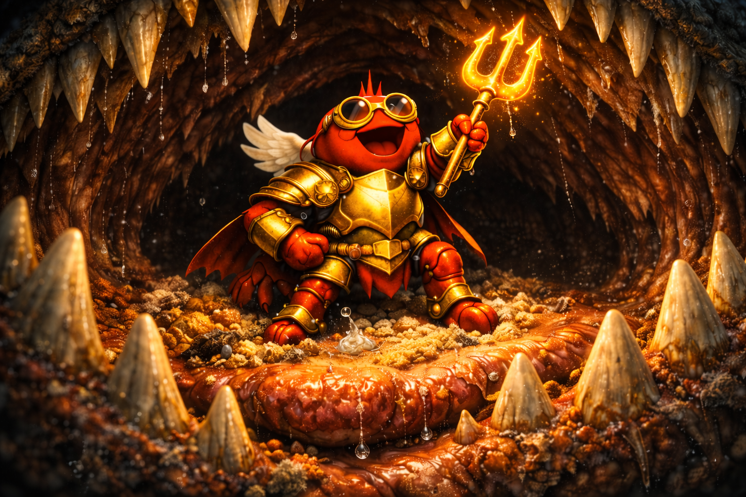 An armored claw creature wielding a glowing trident inside a monster's mouth — the hidden threat inside the agent economy and the security vulnerabilites that every agent faces.